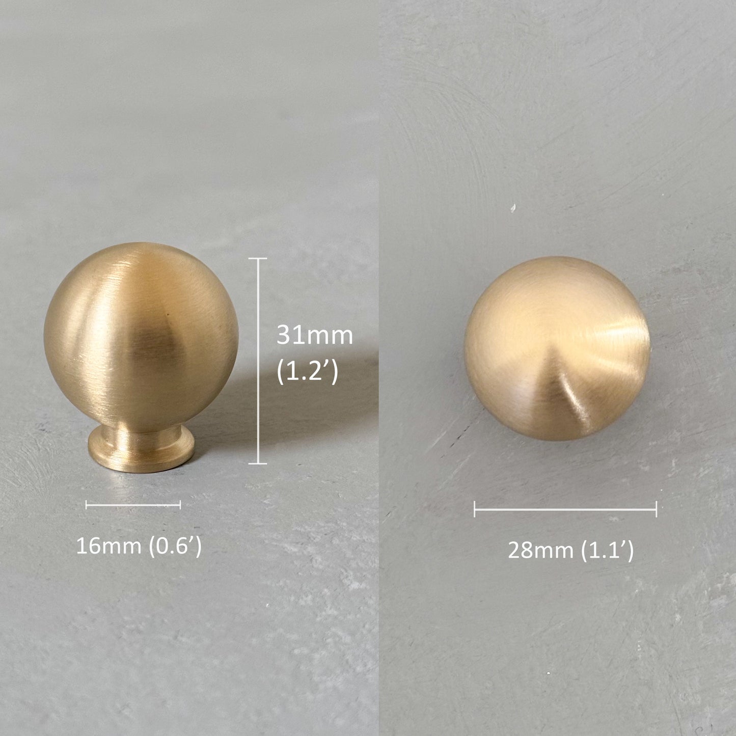 big brass knob with measurement on grey background